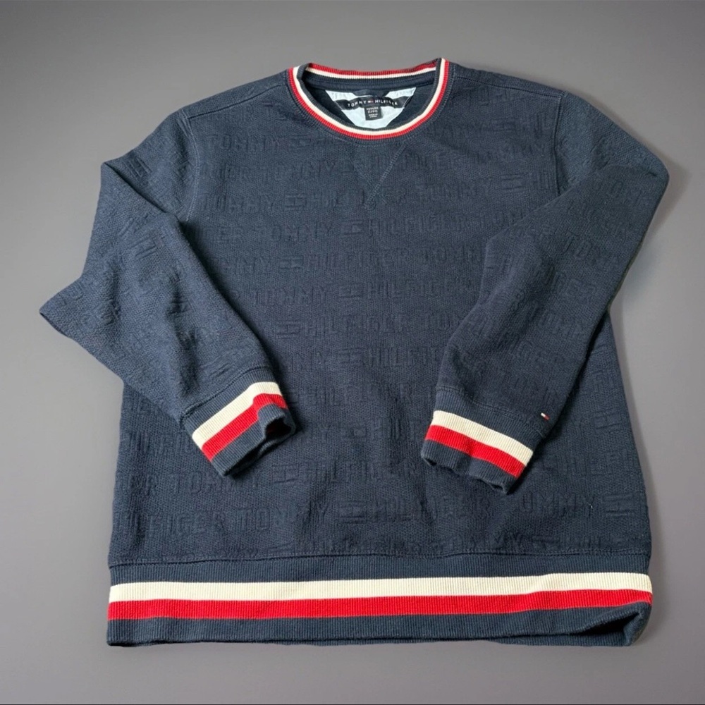 Vintage Y2K Tommy Hilfiger All Over Sweater Medium Navy Blue, Red, White